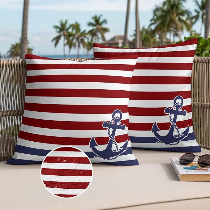 Throw Pillow Covers 26x26 Inch Set of 2, Anchor Red Waterproof Outdoor Cushion Covers, Modern Navy Blue White Striped Nautical Decorative Pillowcases for Couch, Sofa, Bed, Garden, Patio