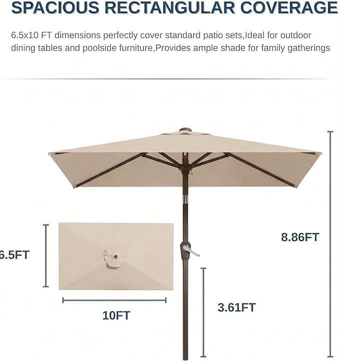 6.5x10FT Patio Umbrella, Outdoor Umbrella with Push Button Tilt and Crank, 8 Sturdy Ribs, UV Protection & Waterproof Market Umbrella for Pool, Backyard, Beach,Deck (Beige)