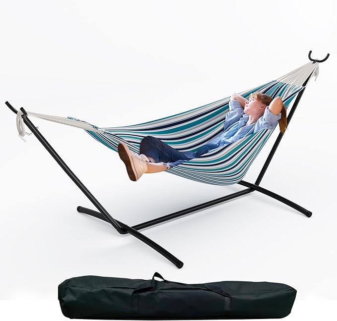 Double Hammock with Space-Saving Steel Stand for 2 Person - Portable, 450lbs Capacity - Indoor Outdoor Use, Carry Bag Included - Perfect for Garden, Camping, Beach - Ocean Color