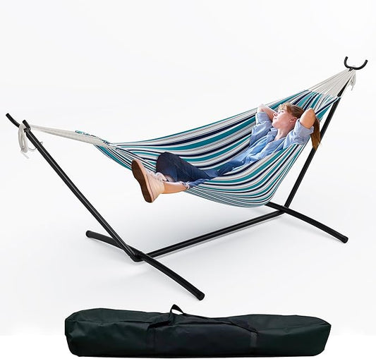 Double Hammock with Space-Saving Steel Stand for 2 Person - Portable, 450lbs Capacity - Indoor Outdoor Use, Carry Bag Included - Perfect for Garden, Camping, Beach - Ocean Color