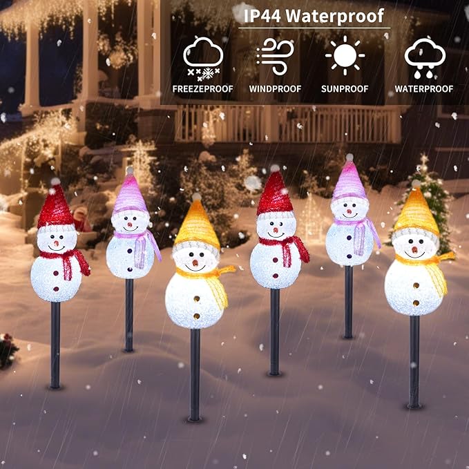 Solar Christmas Pathway Lights Outdoor Decorations, Set of 3 LED Snowman Stake Lights, Waterproof Walkway Landscape Light for Yard, Garden, Winter Decor (Red/Pink/Yellow Snowman, 3-Pack)