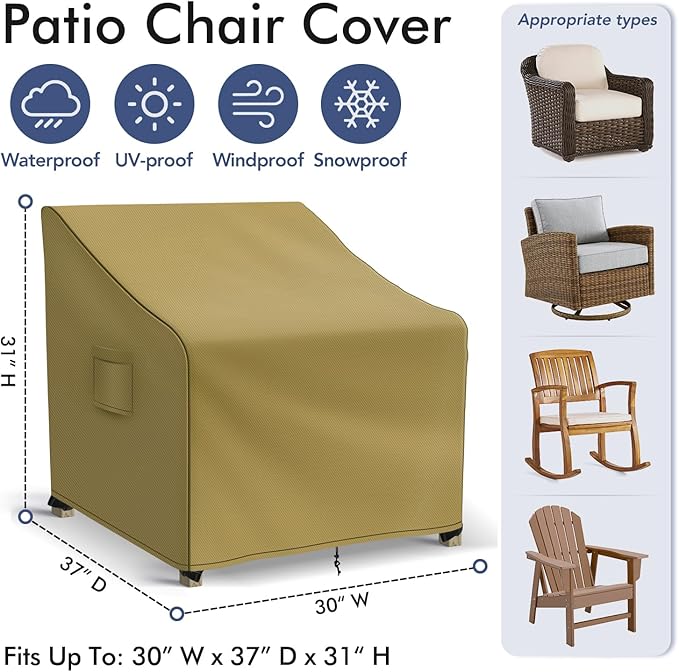 Richwon Patio Furniture Covers Waterproof for Chairs, Lawn Outdoor Chair Covers 2 Pack, Patio Chair Covers for Outdoor Furniture Fits up to 30W x 37D x 31H inches, Khaki