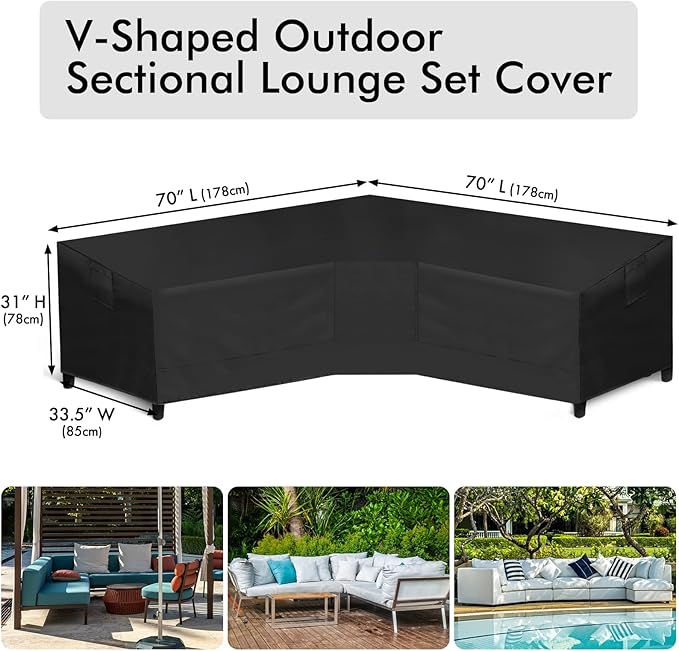 WLEAFJ Patio V-Shaped Sectional Outdoor Sofa Cover, Waterproof, Heavy Duty, Black (70" L x 33.5" D x 31" H)