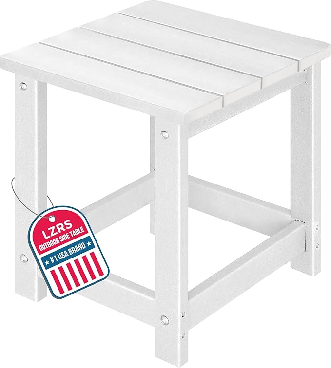 LZRS Patio End Table, Heavy Duty HDPE Outdoor Coffee Table with Wood Texture, Weatherproof Composite Table for Adirondack Chairs, Deck, Pool, Indoor/Outdoor, No Peeling or Cracking(White)