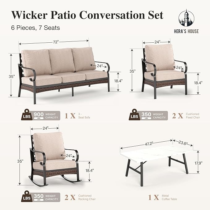 HERA'S HOUSE 5 Piece Metal Patio Furniture Set, 7 Seats All Weather Outdoor Conversation Set, 3 Seat Sofa with Loveseat, 2 Rocking Chairs, Coffee Table for Backyard, Garden, Deck, Beige