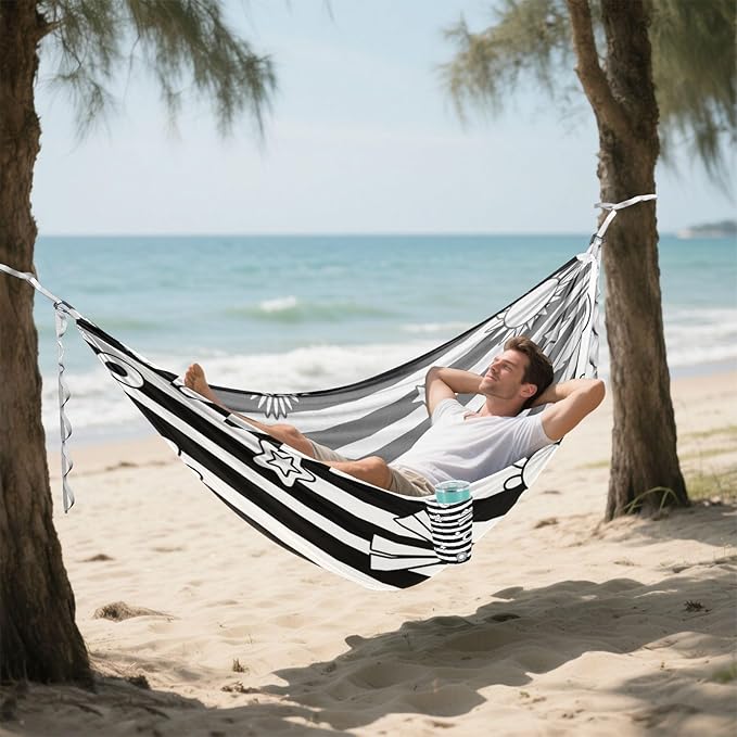 Black White Stripes Sun Moon Star 330lb Capacity Hammocks with Tree Straps Tree Hammock for Outside Patio Garden Base para hamaca