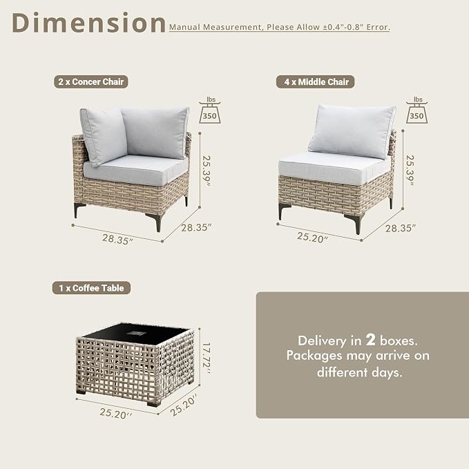 7 Pieces Patio Sectional Furniture Set, Outdoor Wicker Sectional Couch with Solar Lights Table, Modern Conversation Set for Porch Balcony Backyard, Gray