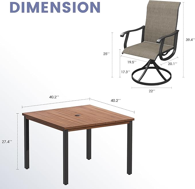 VICLLAX 5 Pieces Patio Dining Set, Patio Furniture Set of 4 Patio Swivel Dining Chairs and Square Patio Table, Mixed Brown Chairs & Walnut Tabletop