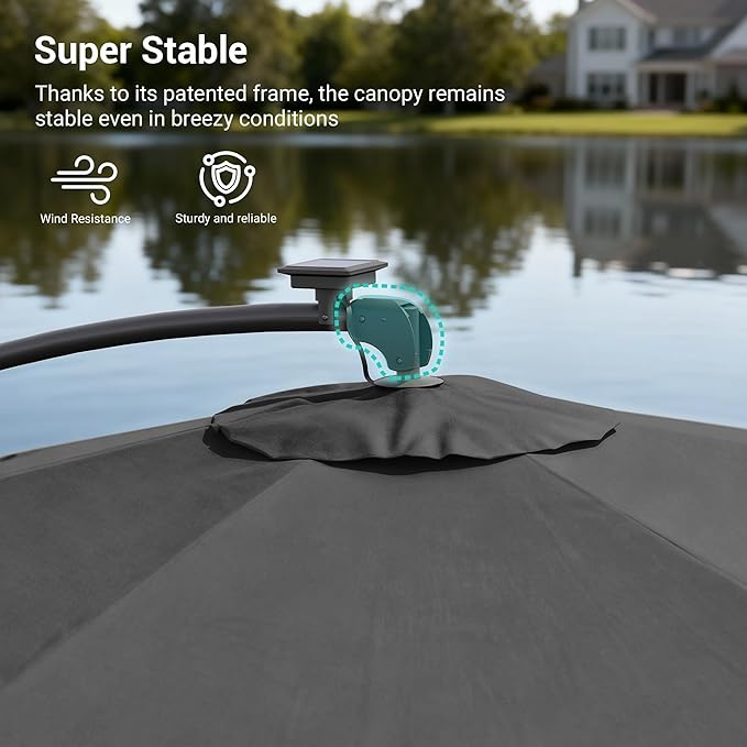10ft Offset Patio Umbrella with Solar Light Strips,Outdoor Cantilever Hanging Umbrella with Cross Base, Fade Resistant Recycled Fabric, for Pool, Deck, Garden,Backyard,