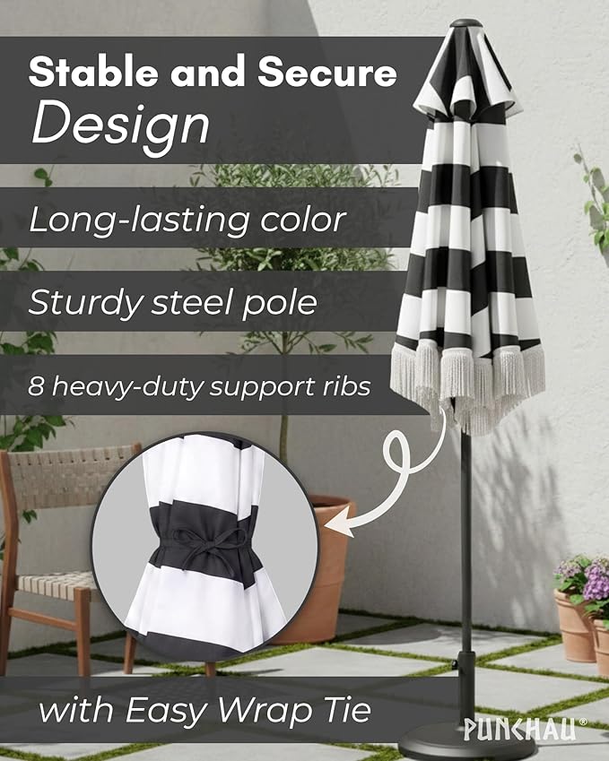 6 Ft Fringe Patio Umbrella - Outdoor Umbrella for Patio, Pool, Table, Garden, & Deck, Push Button Tilt Pole - Fashionable Vintage Tassels - White