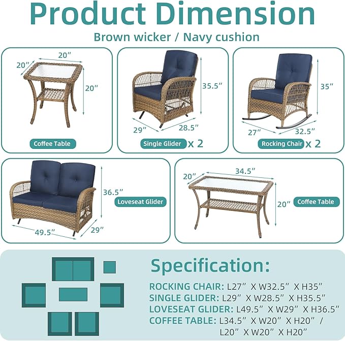 MEETWARM 7 Pieces Outdoor Wicker Patio Conversation Sets with Glider Loveseat, 4 Chairs with 2 Glass-Top Coffee Table Wicker Rocking Glider Set, Wicker Conversation Set w/Thickened Cushions, Navy Blue