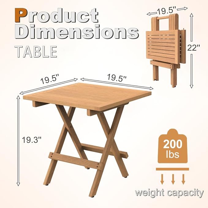 OTSUN Teak Wood Square Foldable Side Table Outdoor, Portable Patio End Table for Garden, Pool & Balcony, Natural Wooden Accent Table