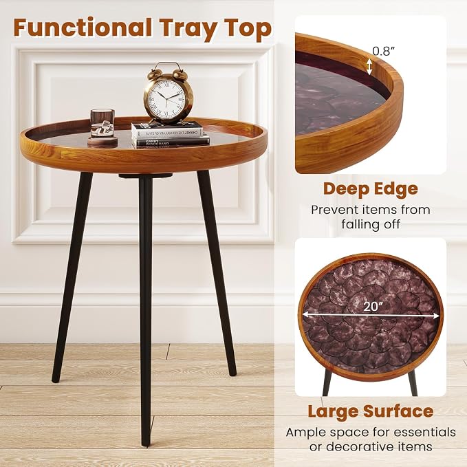 Giantex Outdoor Side Table, Round End Table with Epoxy Resin Finish, Sea Shell Decoration, Mahogany Wood Frame, Tray Top, Patio Side Table for Living Room, Pool, Yard, Porch (Brown, 20” x 20” x 21.5”)