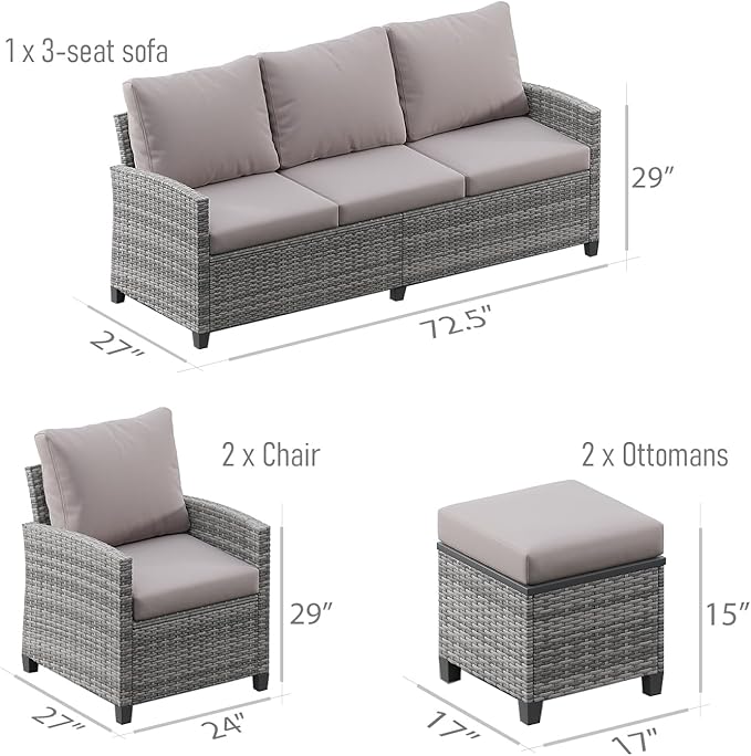 5 Piece Patio Furniture Set, All Weather Outdoor Sectional Set, Wicker Outside Furniture Patio Sofa Set for Backyards, Porch, Poolside, Garden, Balcony (Gray & Gray)