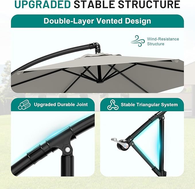 AreShark 10FT Patio Outdoor Umbrella, Offset Patio Umbrella Cantilever Umbrella, 6 Sturdy Ribs, Easy Adjustment for Garden Market Pool with Cross Base (Light Gray)