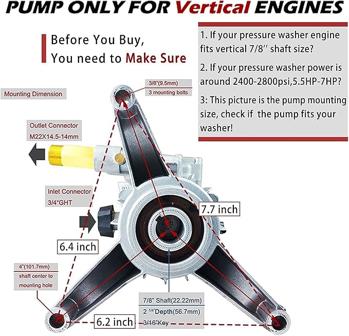 7/8'' Shaft Pressure Washer Pump Replacement Rear Inlet/Outlet 2400-2800PSI Pumps Replacement for Power Pressure Washer, Compatible with GCV160&GCV190, Craftman, Simpson, Ryobi, Honda and More Engine