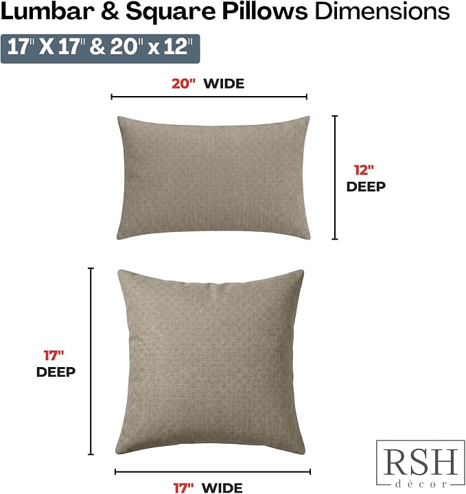 RSH DECOR: Sunbrella Lumbar & Square Pillows Set of 4 | 20" x 12" & 17" x 17" | Water and Fade-Resistant Performance Fabric | Outdoor Throw Pillows for Patio Furniture | Made in USA (Dots Nice Shale)