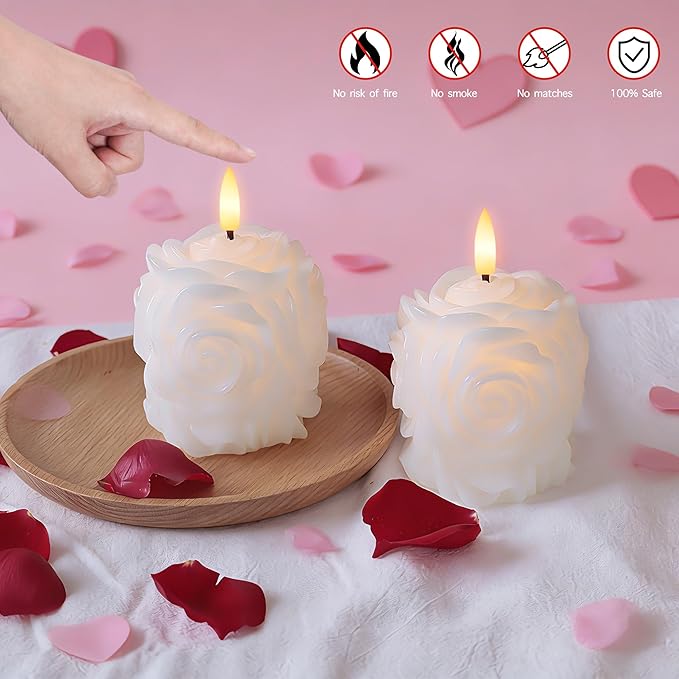 Valentine Day Rose Flameless Candles with Remote and Timer, 2 Pack Flickering LED Candles for Proposal Wedding Anniversary Romantic Night, White
