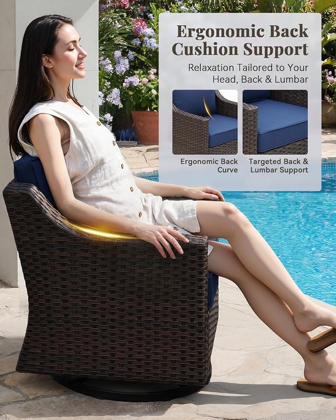 Luxury Outdoor Swivel Rocking Chair, Easy Assembly Patio Rocker for Porch Deck Balcony Yard Poolside in Brown Wicker and Blue Cushion