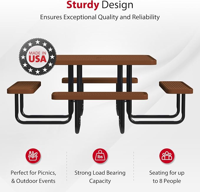 Leisure Craft Metal Picnic Table with Bench - 46" Square Outdoor Dining Table for 8 with Umbrella Hole, Weatherproof Heavy Duty Thermoplastic Coating, Commercial Grade Furniture Made in USA - Brown