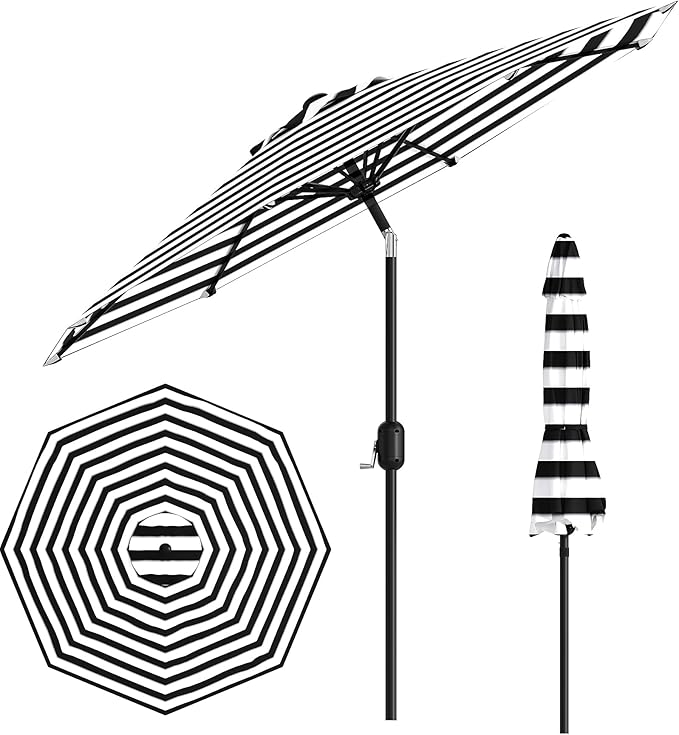 GarveeLife 9 ft Outdoor Patio Umbrella, Table Market Umbrella With Push Button Tilt and Crank, 8 Sturdy Ribs UV Protection Waterproof for Garden, Deck, Backyard, Pool (Black-and-white striped)