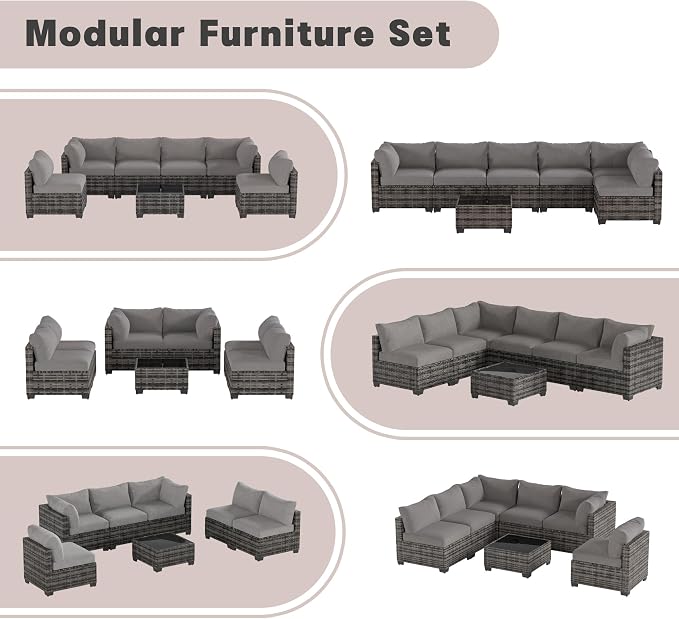 Patio Furniture Set 7 Pieces Conversation Set Wicker Outdoor Sectional Sofa,Ergonomic Armrests Couch with Cushion and Glass Table (Light Grey-Light Grey, 7 Piece-Single)