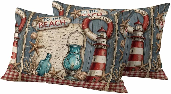 Outdoor Pillow Covers Set of 2, Vintage Nautical Lighthouse on Wooden Decorative Throw Pillow Covers 20X12IN, to The Beach Quote Throw Pillows Protector Cushion Case for Patio,Couch,Sofa,Garden