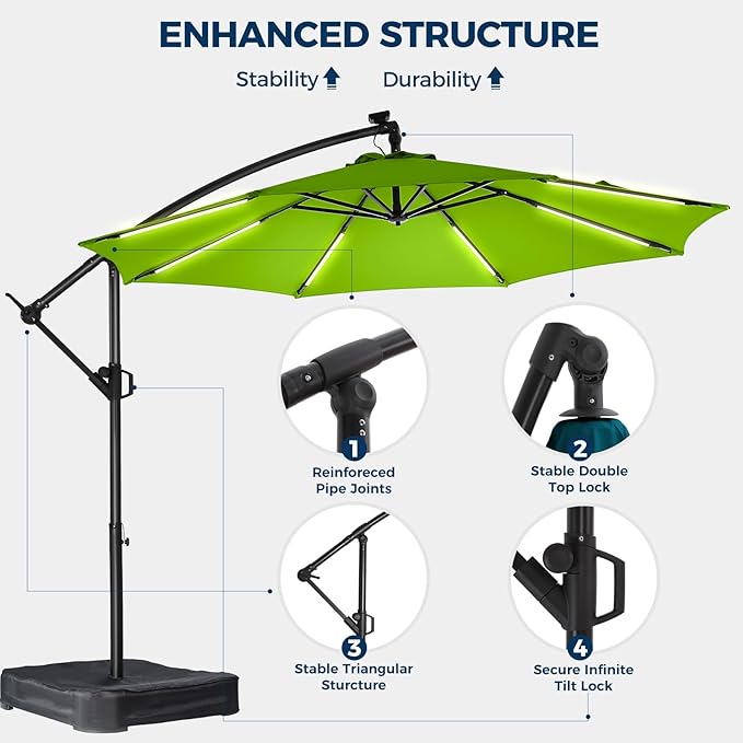 HOMSHADE 10ft Solar Lights Offset Cantilever Patio Umbrella - with Light and Base, LED Lighted Offset Hanging Patio Outdoor Market Umbrella UPF50+ UV Protection with Easy Tilt and Crank (Green)