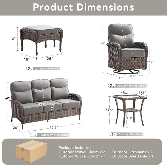 Luxury Outdoor Patio Furniture Set with 6-Inch Thick Cushions, 6 Pieces All-Weather Wicker Outdoor Furniture with Outdoor Rocking Chair, Outdoor Patio Conversation Sets for Garden Porch Deck, Grey