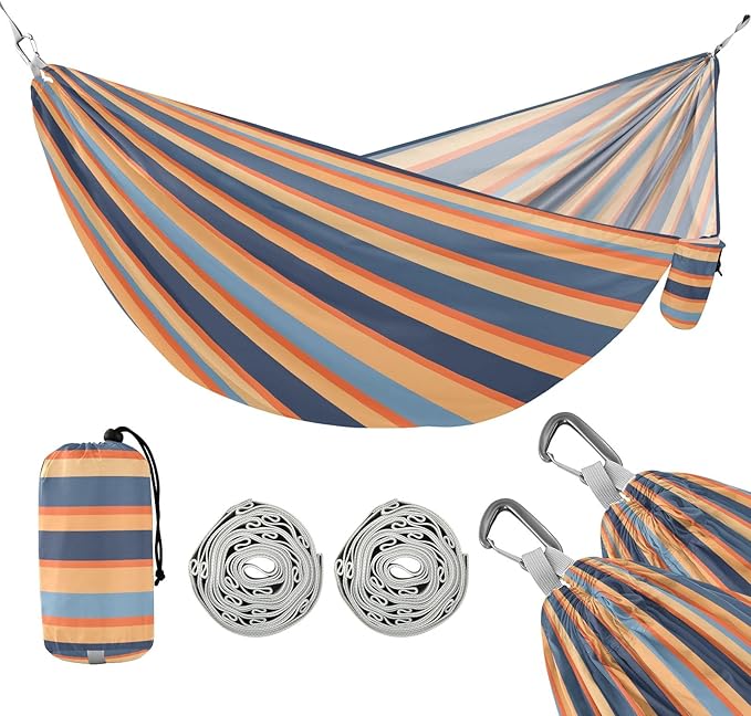 Camping Hammock Outdoor Hammocks for Outside Stripe Blue Orange Beach Trees Portable Lightweight with Pockets Tree Straps Indoor