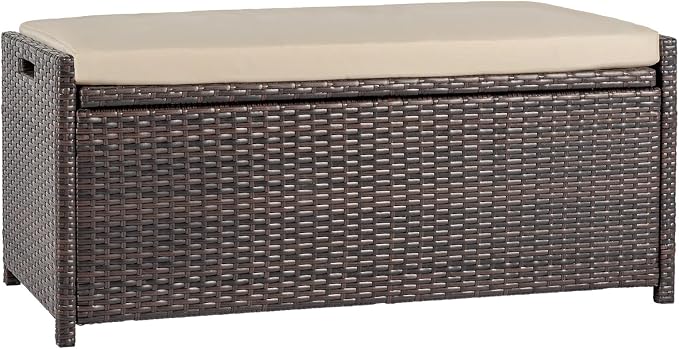 Tappio Deck Box Outdoor Storage Box Bench, PE Rattan Storage Bin with Built-in Handle and Beige Cushion for Pool and Garden Accessories