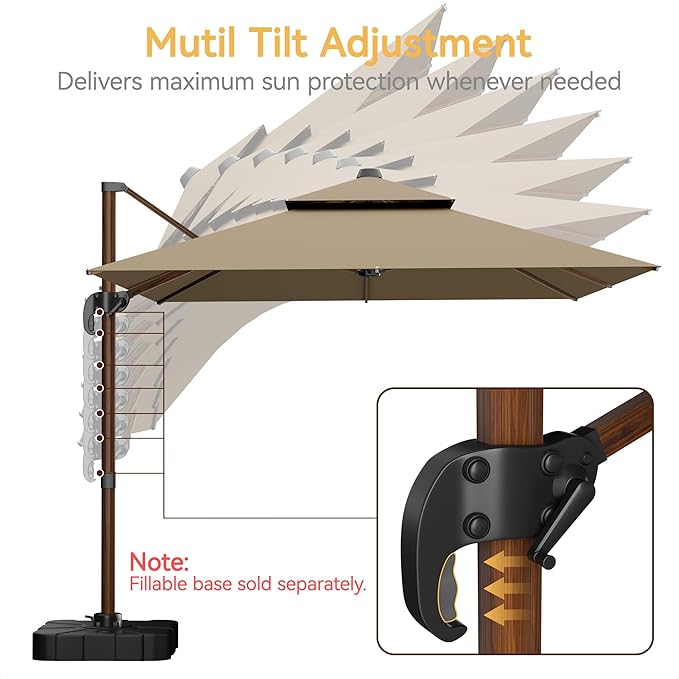 10x13 FT Wood Pattern Patio Umbrella, Large Deluxe Cantilever Rectangular Double Top Heavy Duty Offset Umbrellas with 360° Rotation, Outdoor shade for Garden Deck Pool Patio, Tan