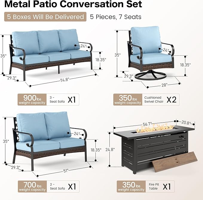 5 Piece Metal Outdoor Patio Furniture Sets with Firepit Table, Patio Conversation Sets 1 3-Seater Sofa, 1 2-Seater Loveseat, 2 Swivel Sofa with 5.75" Cushion for Backyard Deck, Blue