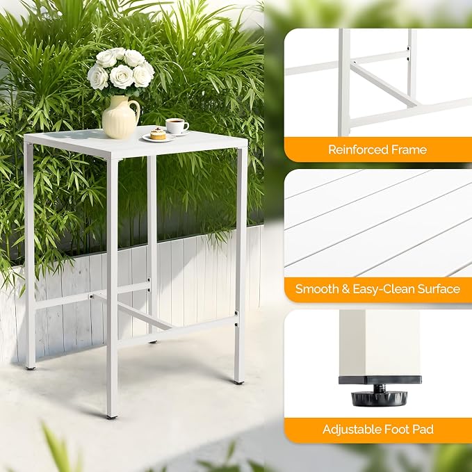 VINGLI 27 Inch Outdoor Bar Table, All-Weather Aluminum Patio Balcony Pub Table for Pool, Blacony, Yard (White)