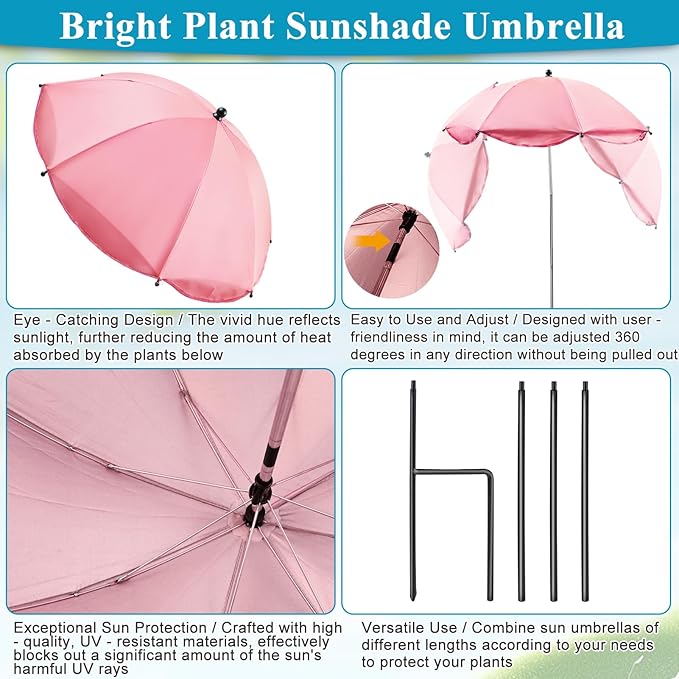 Voccos Upgraded Plant Umbrellas for Outdoor Plants 50" Tall 26" Canopy Adjustable Angle Garden Bed Shade Cover with Sturdy Metal Stake & UV Protection Plant Cover for Potted Plants Flower Pot