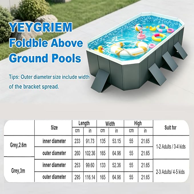 Foldable Swimming Pool, Rectangular Above Ground Swimming Pool for Outdoor Family Square Pool with Drain Plug and Drain Hole, Easy to Assemble Pool for Backyard Dog Pools (116" L x 65" W)