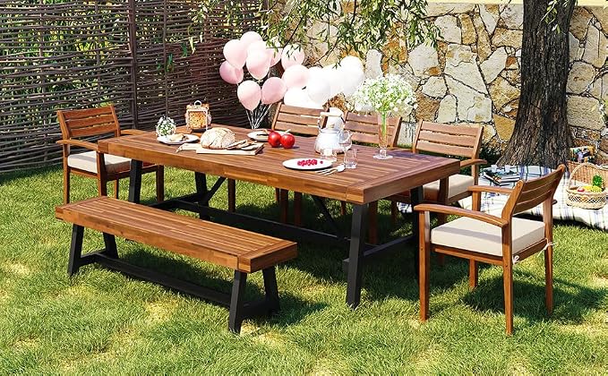 GO Outdoor 7-Piece Acacia Dining Set with Cushions, Ergonomic Chairs, Thick Table, Adjustable Feet for Patio Deck