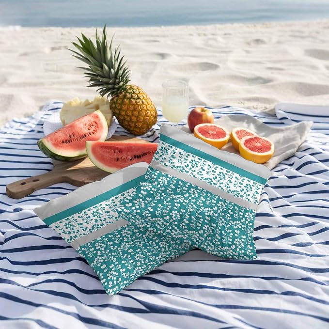 Teal Floral Outdoor Pillow Covers 24x24 Inch Throw Pillow Covers Set of 2 Waterproof Decorative Pillow Cases Botanical Blossom Motif Boho Grey Stripes Cushion Covers for Patio Furniture Garden Couch
