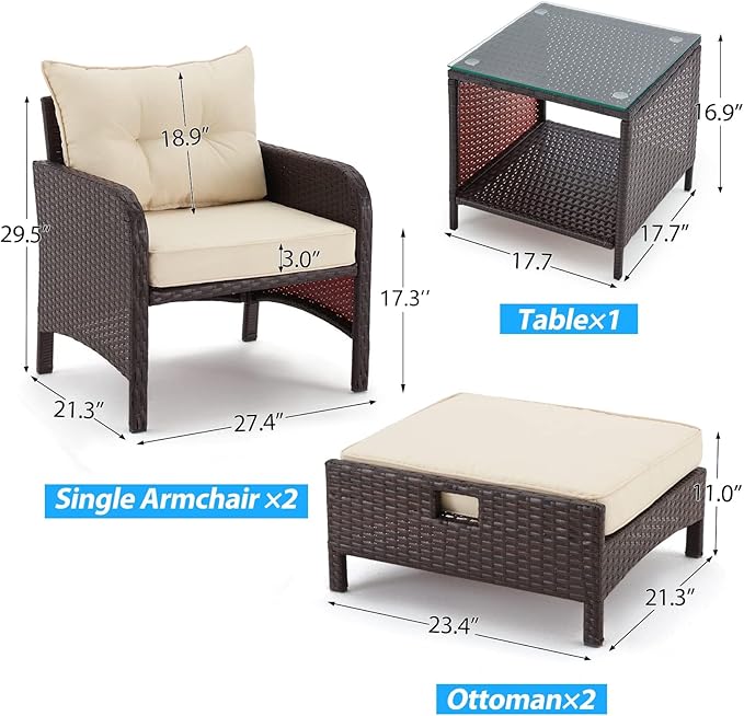 AVAWING 5 Pieces Patio Furniture Set, Outdoor Rattan Chairs with Tempered Glass Coffee Table, Ottomans & Soft Cushions, Wicker Conversation Bistro Set for Garden, Deck, Balcony, Poolside(Khaki)