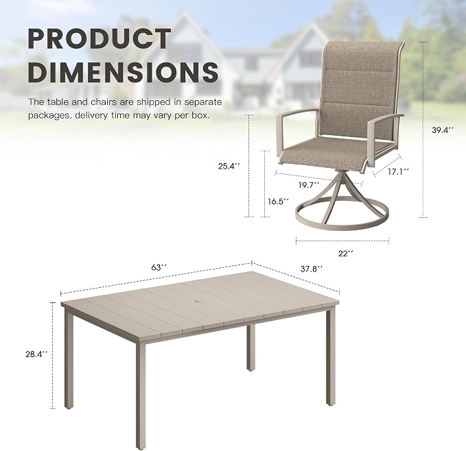 Outdoor Dining Set for 6, 63" Outdoor Dining Table with Umbrella Hole and Padded Textilene Patio Swivel Chairs, 7 Pieces Patio Table and Chairs Set for Garden Backyard, Sandshell