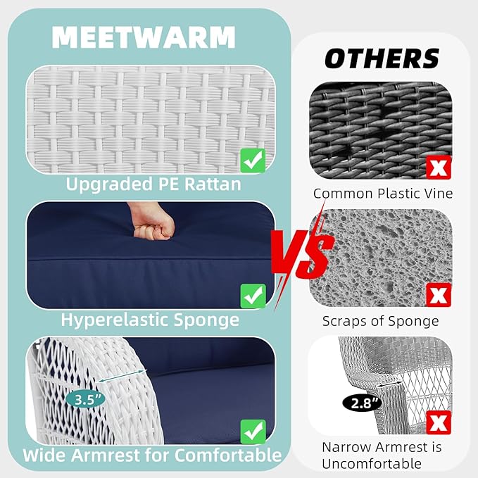 MEETWARM Outdoor Wicker Patio Glider Set, Loveseat for 2 Person Porch Furniture Glider with Glass-Top Coffee Table, Patio Glider Rocking Bench with Thickened Cushions, White Wicker/Navy