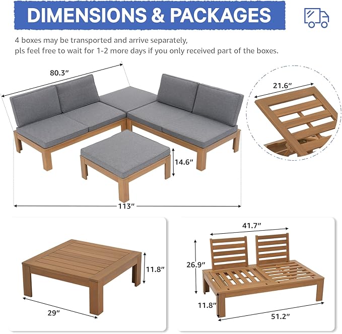 SUNSITT 4 Piece Acacia Wood Patio Furniture Outdoor Sectional Sofa Set with Adjustable Armrest, FSC Certified L-Shaped Patio Set w/2-in-1 Coffee Table, Grey Cushions