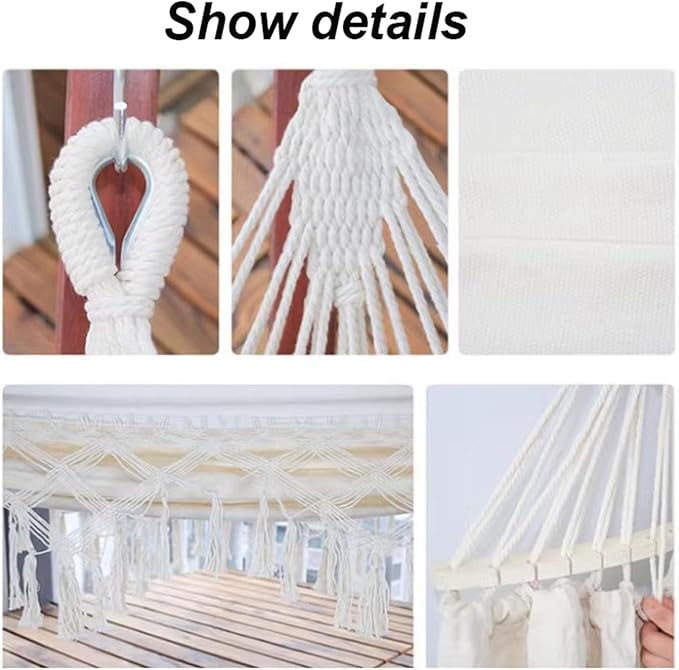 Camping Hammock with Tassels, Portable Canvas Double Hammock with Tree Straps, 108x59in Heavy Duty 330 lbs for Backyard Outdoor Beach Patio White