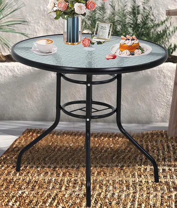 32" Patio Table with with Umbrella Hole, Round Outdoor Dining Table Bistro Table with Glass Table Top, All Weather Small Outdoor Table for Pool, Lawn, Backyard, Balcony