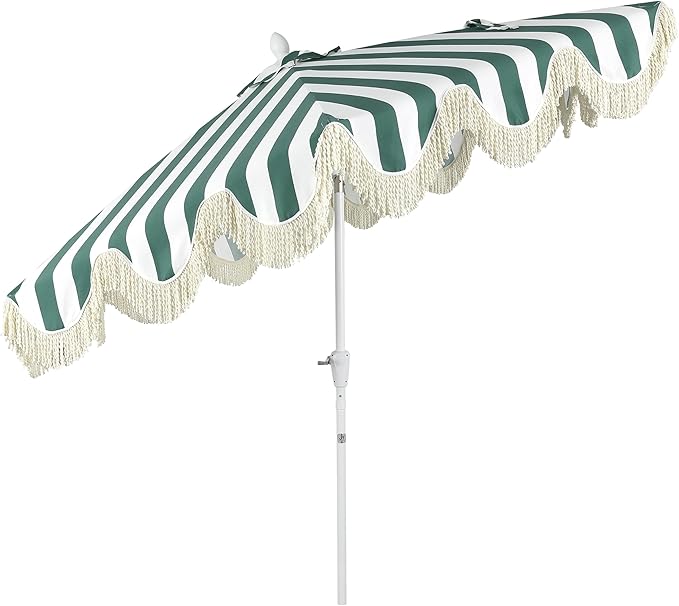 JONATHAN Y UMB1001 Collins 9 ft. Classic Cottage Tassel Market Patio Umbrella with Auto-Tilt, Crank, Wind Vent and UV Protection