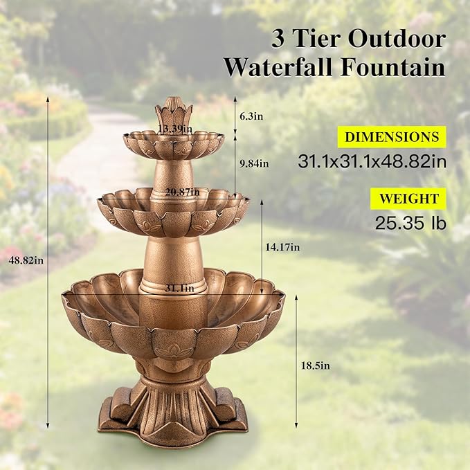 MO 48.8" 3-Tier Freestanding Water Fountain Outdoor Garden, Like Stone Large Bird Bath with Pump, Outdoor Waterfall Feature for Yard Patio Home Decor