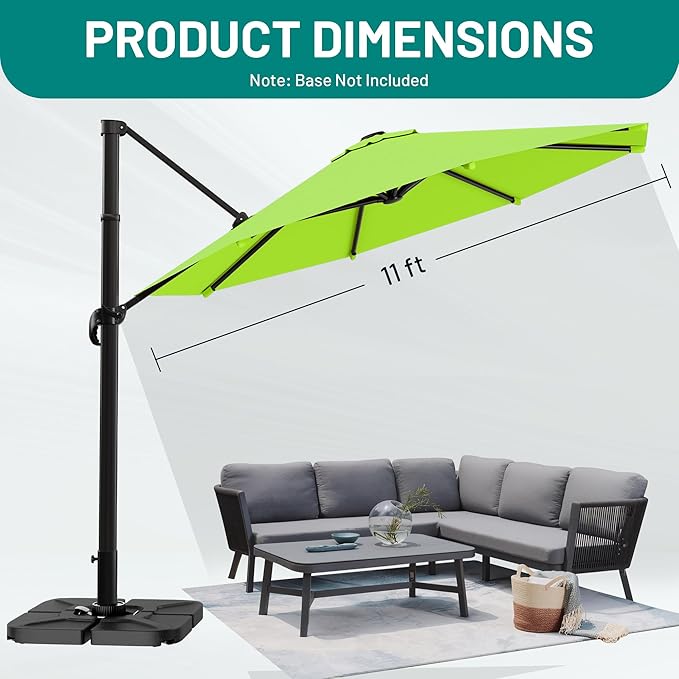 AreShark 11FT Round Cantilever Patio Umbrella with Base Included, 360° Rotation Offset Outdoor Umbrella, 5 Tilt Settings Heavy Duty Hanging Parasol for Deck Garden Pool, Apple Green