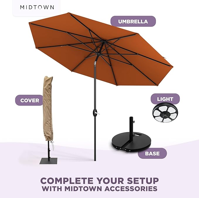 Midtown Umbrellas - The Lean 10 Ft Patio Umbrella with Fade-Resistant Sunbrella Fabric, Auto-Tilt Aluminum Frame and 8 Reinforced Ribs for Deck, Pool & Garden - Terracotta Canopy, Black Pole