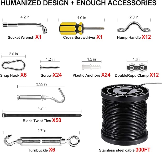 BLIKA String Light Hanging Kits, 300FT Coated Stainless Steel 304 Wire Rope | Outdoor Light Guide Wire, Globe String Light Suspension Kit Included Turnbuckles, Enough Accessories, Use Manual