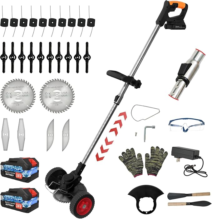ALSO GO 24V Electric Weed Wacker, Cordless Grass Trimmer, 3 in 1 Weed Trimmer with 2 * 2000mah Batteries & Charger, Battery Powered Weed Eater/Brush Cutter/Edger with Wheels for Garden, Yard Lawn